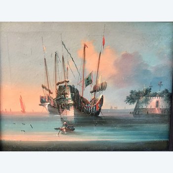 « Jonques dans Le Port de Canton ». Huile Sur Toile. École De Canton. Chine XIXème.