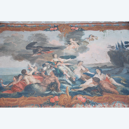 Rare And Large 18th Century Provence Painted Canvas, The Abduction of Europe