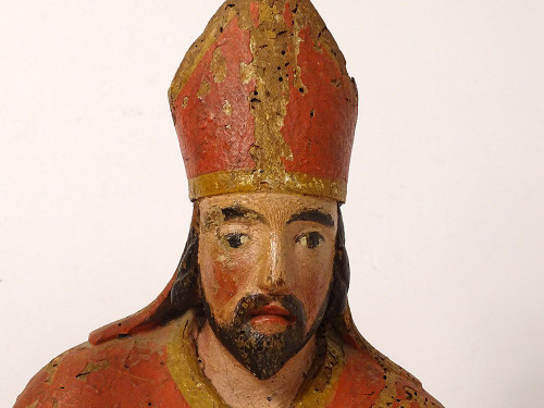 Statue Bois Sculpté Polychrome évêque Crosse Saint-Eloi XVIIIème Siècle