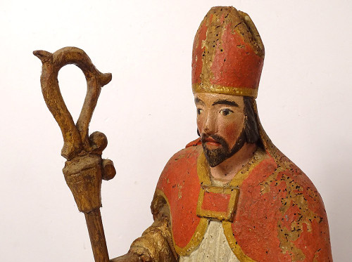 Statue Bois Sculpté Polychrome évêque Crosse Saint-Eloi XVIIIème Siècle