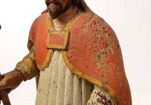 Statue Bois Sculpté Polychrome évêque Crosse Saint-Eloi XVIIIème Siècle