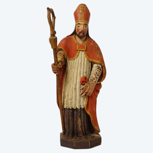 Statue Bois Sculpté Polychrome évêque Crosse Saint-Eloi XVIIIème Siècle