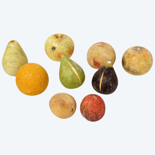 Ensemble 9 Fruits Marbre Carrare Polychrome Pomme Pêche Figue Poire XIXème