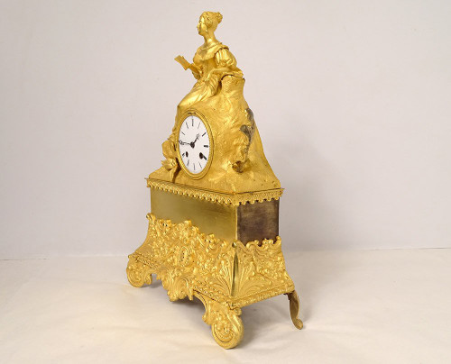 Romantic Clock Bronze Gilt Young Elegant Woman Reading 19th century
