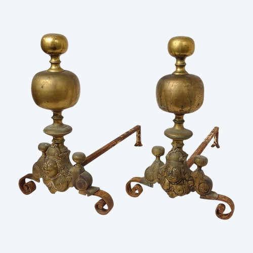 Pair of Chenets Dits Aux Marmousets Brass Female busts 17th century