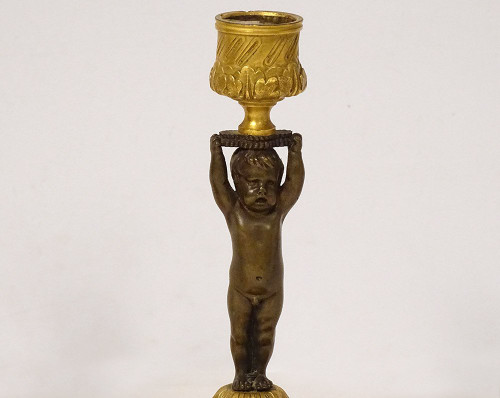 Coppia di candelieri torce in bronzo marmo Angelots Loves Napoleone III XIX secolo