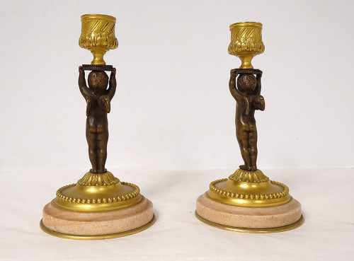 Coppia di candelieri torce in bronzo marmo Angelots Loves Napoleone III XIX secolo