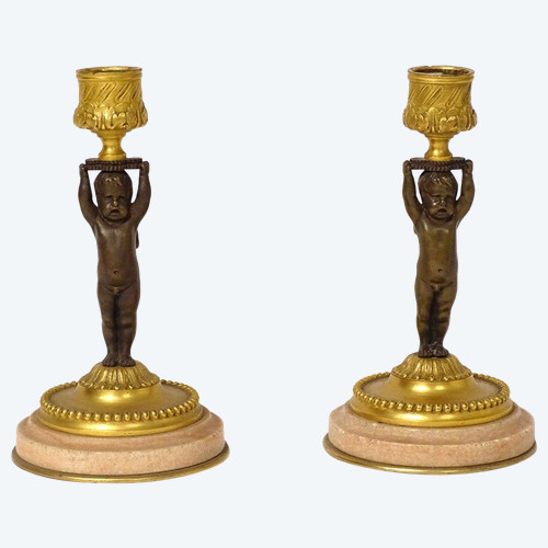 Pair of candlesticks Flambeaux Bronze Marble Angelots Amours Napoléon III 19th century