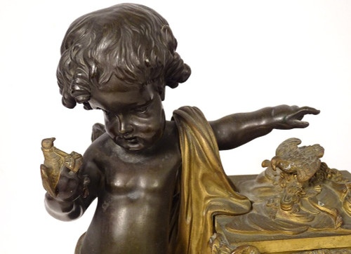 Large Bronze Clock Angelot Bird Rams Denière Paris Napoleon III 19th