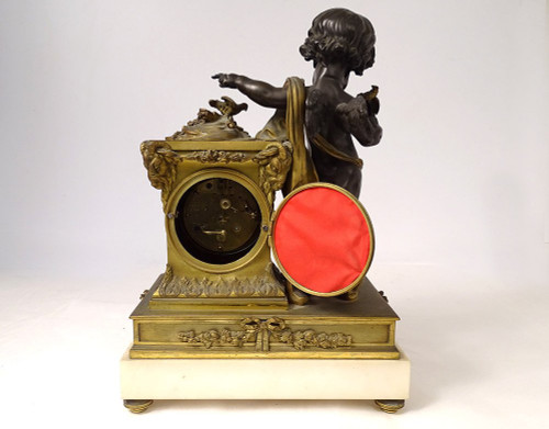 Large Bronze Clock Angelot Bird Rams Denière Paris Napoleon III 19th