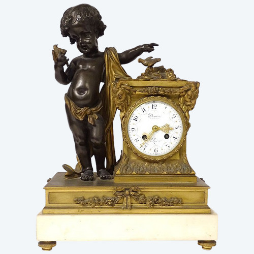 Grande orologio in bronzo Angelot Bird Rams Denière Parigi Napoleone III XIX secolo