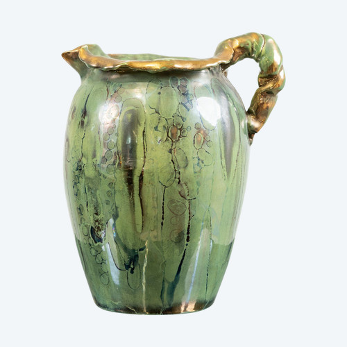 Green and gold enamelled ceramic pitcher, Louis Auguste Dage circa 1950.