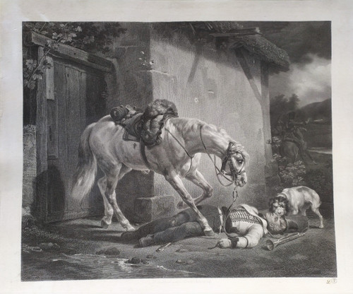 Etching Horse Rider Large Engraving Old Print
