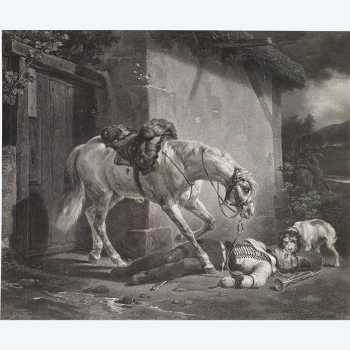 Etching Horse Rider Large Engraving Old Print