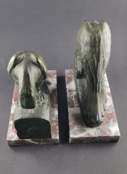 Coppia di fermalibri Art Deco Parakeet