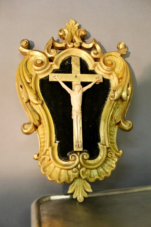 Ivory Christ In 19th Century Baroque Gilt Frame