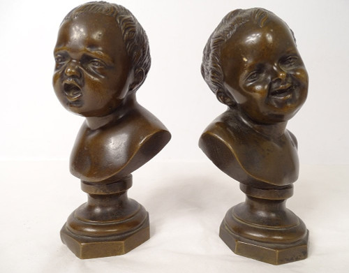 Coppia di sculture in bronzo Jean Qui Rit Jean Qui Pleure d'ap. Houdon XIX secolo