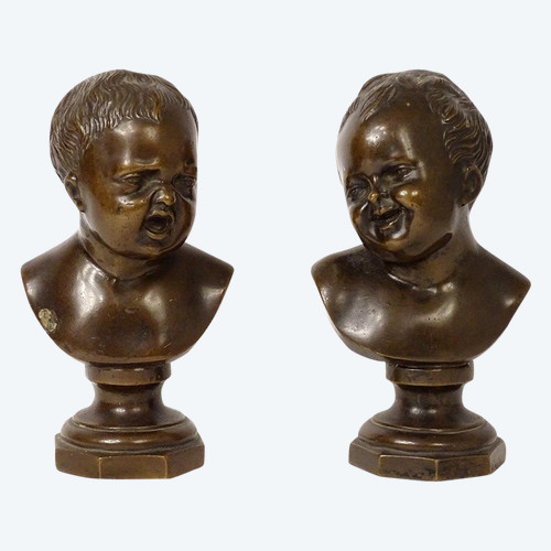 Coppia di sculture in bronzo Jean Qui Rit Jean Qui Pleure d'ap. Houdon XIX secolo