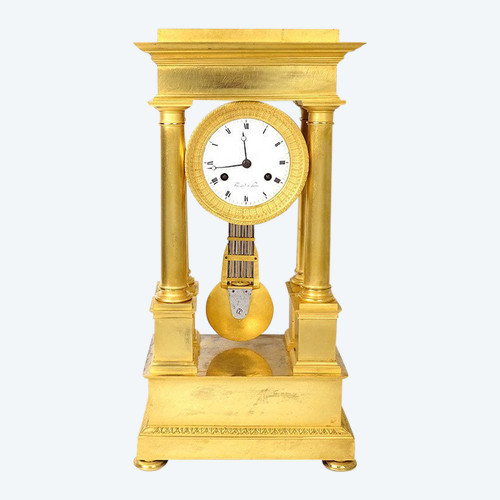 Pendule Portique à Colonnes Bronze Doré Flocard Paris Empire Clock XIXème