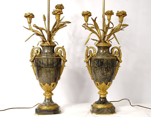 Pair of Baluster Vases Lamps Marble Bronze Gilded Flowers Napoleon III 19th century