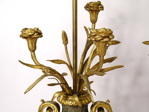Pair of Baluster Vases Lamps Marble Bronze Gilded Flowers Napoleon III 19th century