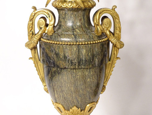 Pair of Baluster Vases Lamps Marble Bronze Gilded Flowers Napoleon III 19th century