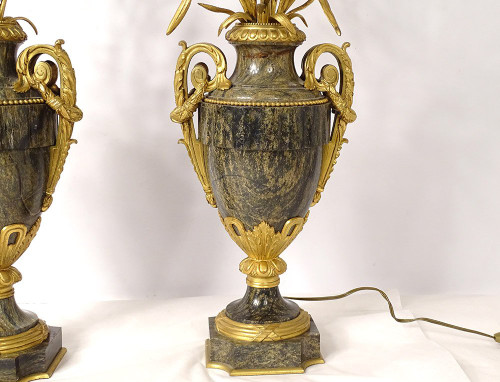 Pair of Baluster Vases Lamps Marble Bronze Gilded Flowers Napoleon III 19th century