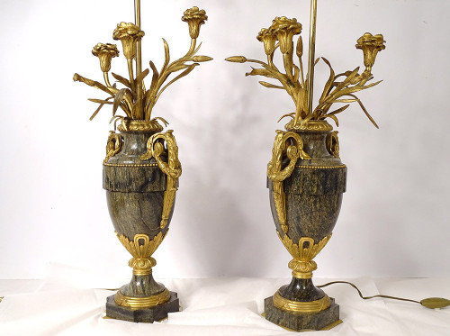 Pair of Baluster Vases Lamps Marble Bronze Gilded Flowers Napoleon III 19th century