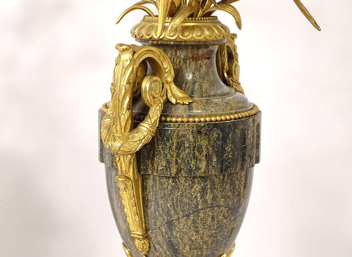 Pair of Baluster Vases Lamps Marble Bronze Gilded Flowers Napoleon III 19th century