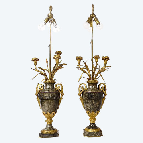 Pair of Baluster Vases Lamps Marble Bronze Gilded Flowers Napoleon III 19th century