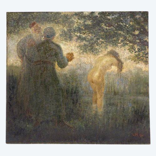 HST Tableau Personnages Scène Biblique Suzanne Vieillards Jeune Femme 20th C