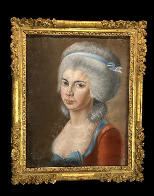 PASTEL XVIIIe SOUS VERRE " PORTRAIT DE FEMME DE QUALITÉ " AVEC CADRE XVIIIe