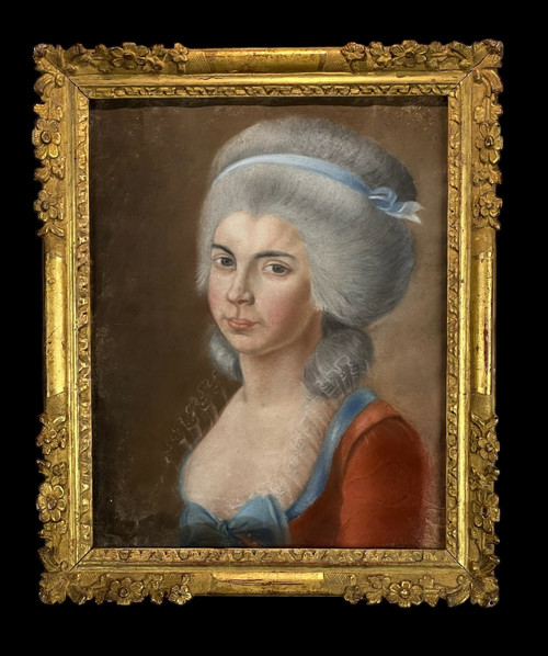 PASTEL XVIIIe SOUS VERRE " PORTRAIT DE FEMME DE QUALITÉ " AVEC CADRE XVIIIe