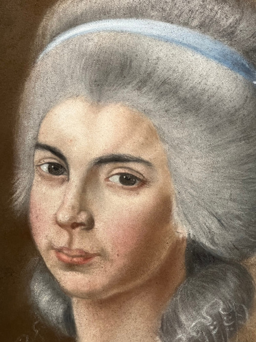 PASTEL XVIIIe SOUS VERRE " PORTRAIT DE FEMME DE QUALITÉ " AVEC CADRE XVIIIe