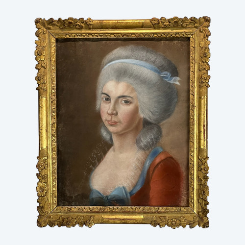 PASTEL XVIIIe SOUS VERRE " PORTRAIT DE FEMME DE QUALITÉ " AVEC CADRE XVIIIe