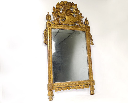 Grand Miroir Révolutionnaire Bois Sculpté Doré Casque Feuilles Chêne XVIIIè