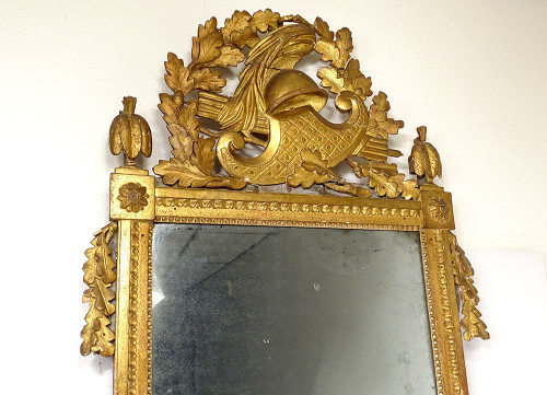 Grand Miroir Révolutionnaire Bois Sculpté Doré Casque Feuilles Chêne XVIIIè