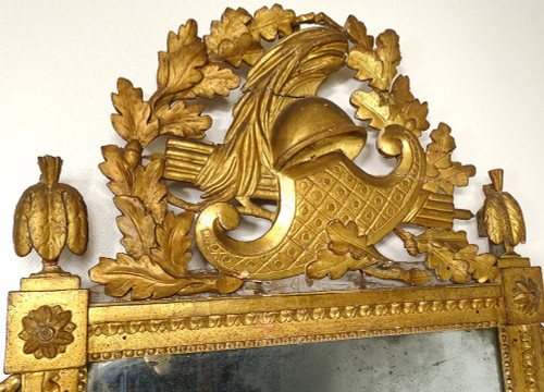 Grand Miroir Révolutionnaire Bois Sculpté Doré Casque Feuilles Chêne XVIIIè