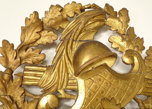 Grand Miroir Révolutionnaire Bois Sculpté Doré Casque Feuilles Chêne XVIIIè