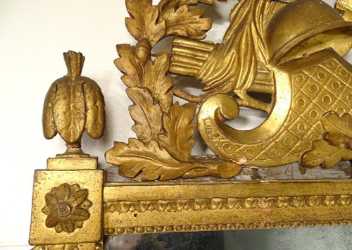 Grand Miroir Révolutionnaire Bois Sculpté Doré Casque Feuilles Chêne XVIIIè