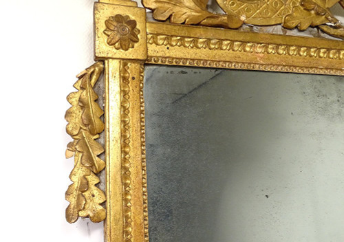 Grand Miroir Révolutionnaire Bois Sculpté Doré Casque Feuilles Chêne XVIIIè