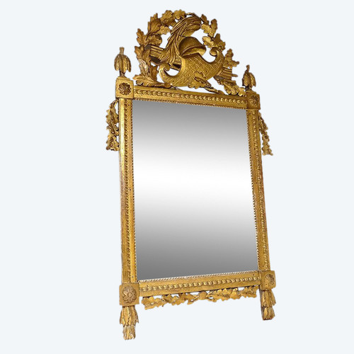Grand Miroir Révolutionnaire Bois Sculpté Doré Casque Feuilles Chêne XVIIIè