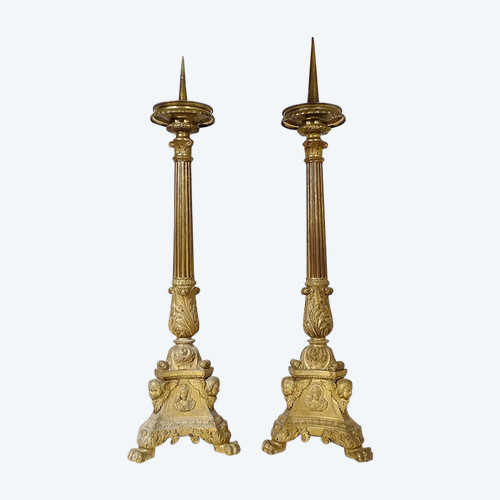 Pair Grands Pique-cierges Autel Bronze DorÃ© Angelots SacrÃ©-coeur XIXÃ¨me