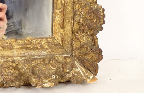 Miroir Louis XIV Régence Bois Sculpté Doré Fleurs Coquille Glace XVIIIème