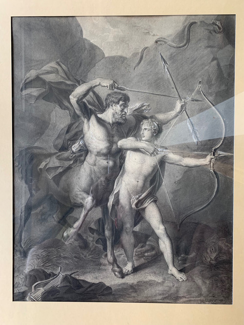 Lavis d'encre signé de 1801: L'éducation d'Achille par le centaure Chiron.