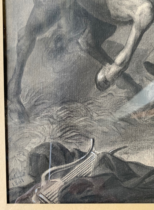 Lavis d'encre signé de 1801: L'éducation d'Achille par le centaure Chiron.