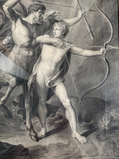 Lavis d'encre signé de 1801: L'éducation d'Achille par le centaure Chiron.