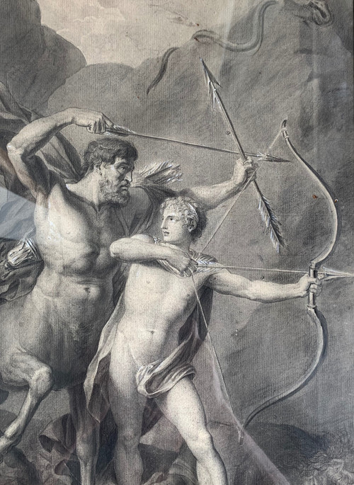 Lavis d'encre signé de 1801: L'éducation d'Achille par le centaure Chiron.