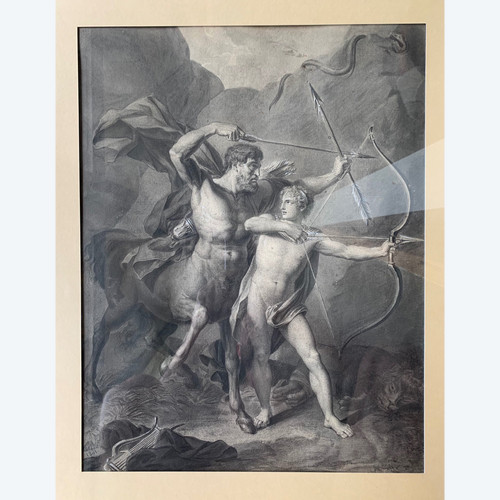 Lavis d'encre signé de 1801: L'éducation d'Achille par le centaure Chiron.