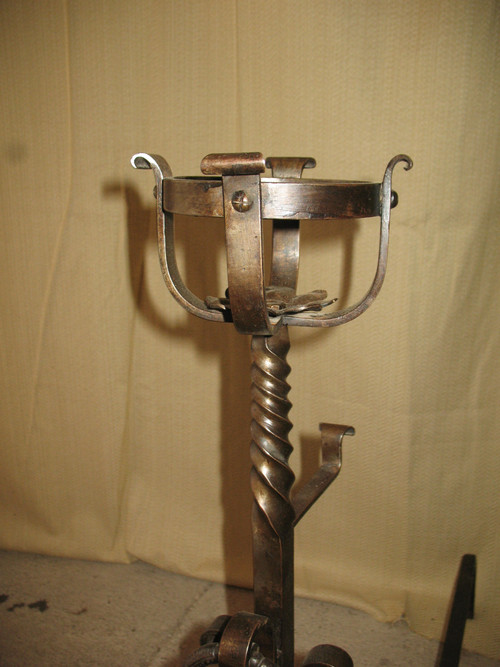 Pair of wrought-iron andirons complete with shovel, tongs and bar, 20th century